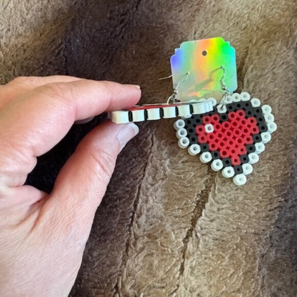 Bold Perler Bead Pixelated Red Black White Heart Earrings Hurricanes NC State - Picture 3 of 3